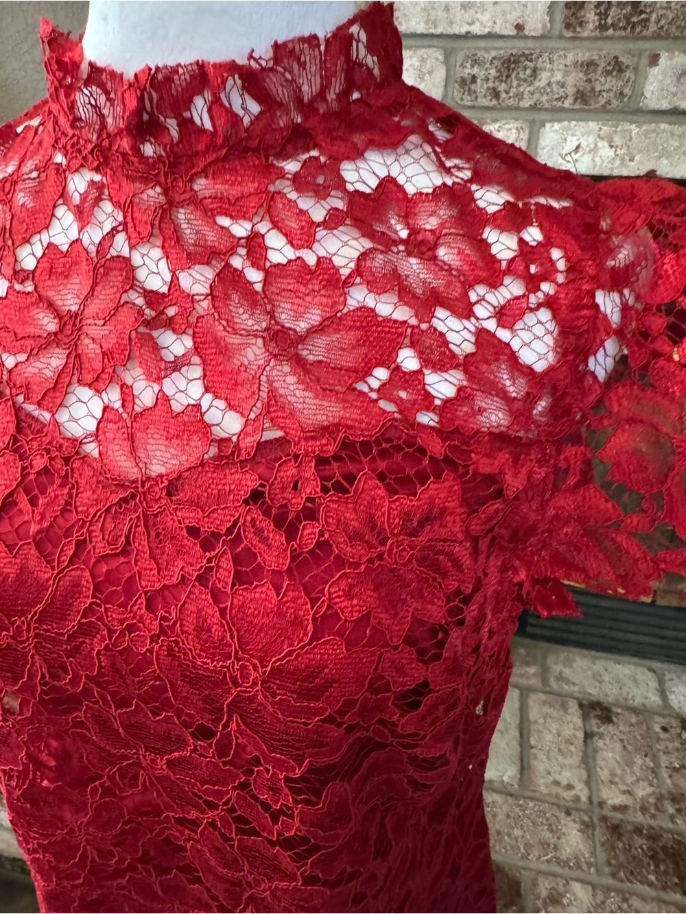 Enfocus Studio Red Lace Cocktail Dress Mock Neck Flutter Sleeve Midi - Picture 3 of 7